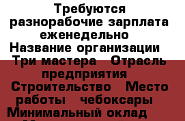 Требуются разнорабочие зарплата еженедельно › Название организации ­ Три мастера › Отрасль предприятия ­ Строительство › Место работы ­ чебоксары › Минимальный оклад ­ 600 › Максимальный оклад ­ 600 - Чувашия респ. Работа » Вакансии   . Чувашия респ.